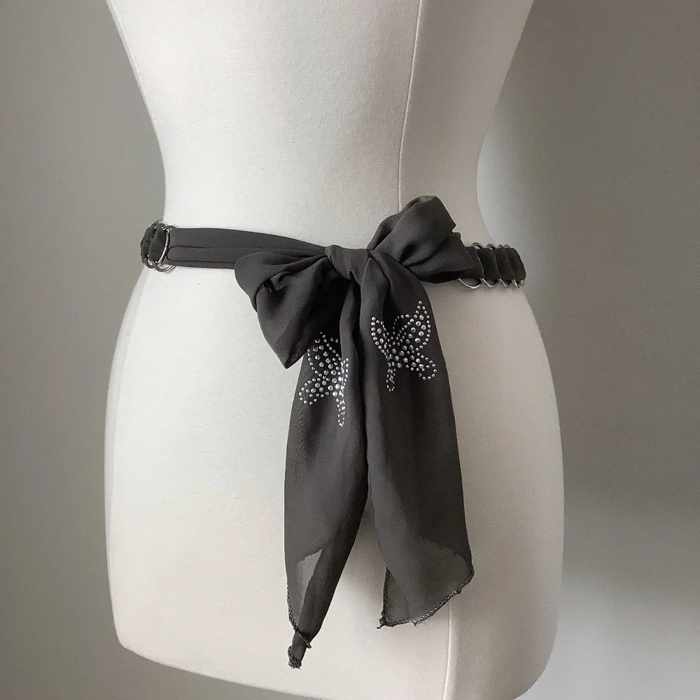 Vintage Y2K Chain Metal Link Butterfly Embellished Fabric Belt